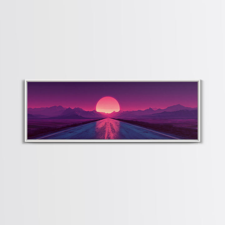 Magenta Desert Road Wall Art, Retro Futuristic Mountain Sunset Canvas Print, Synthwave Decor, Large Horizontal Wall Art Print