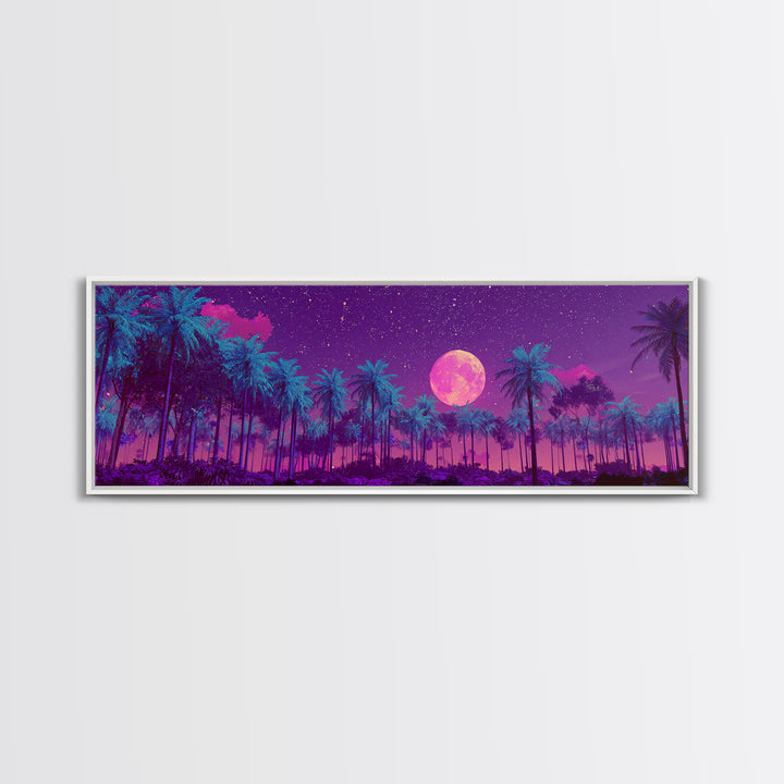 Magenta Moonlit Palm Forest Wall Art, Tropical Night Landscape, Celestial Decor, Purple Jungle, Boho Bedroom Wall Decor, Canvas Print