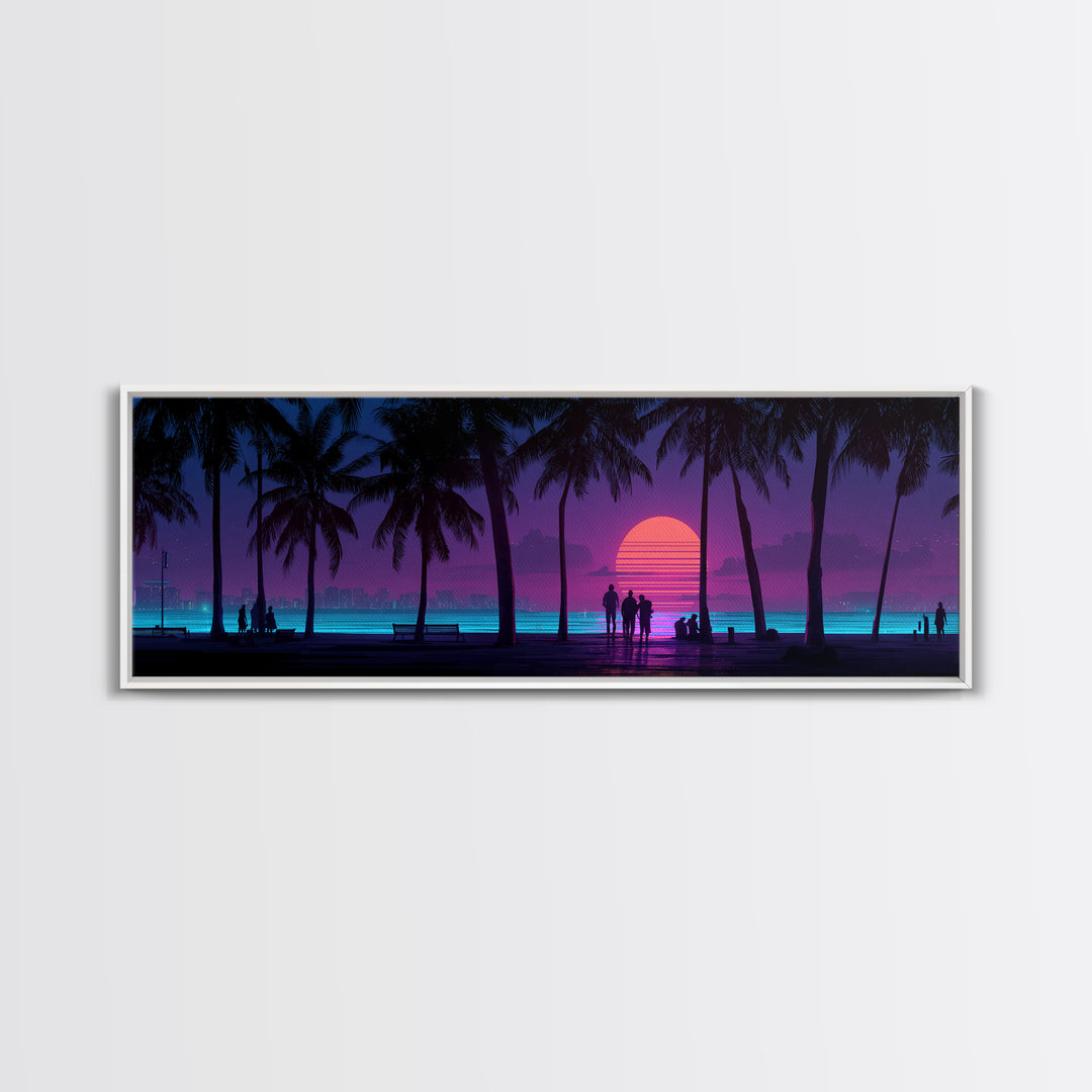 Retro Tropical Beach Sunset Canvas Print, Palm Tree Wall Art, Coastal Wall Decor, Purple Pink Modern Bedroom Wall Art Print