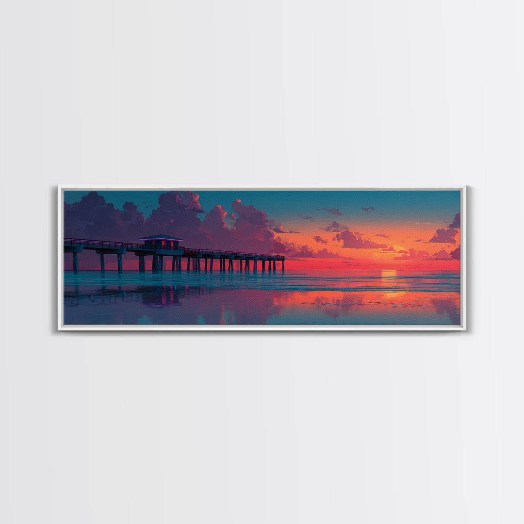 Sunset Pier Ocean Reflection Canvas Print, Coastal Wall Art, Beach House Decor, Seascape Painting, Nautical Living Room Art