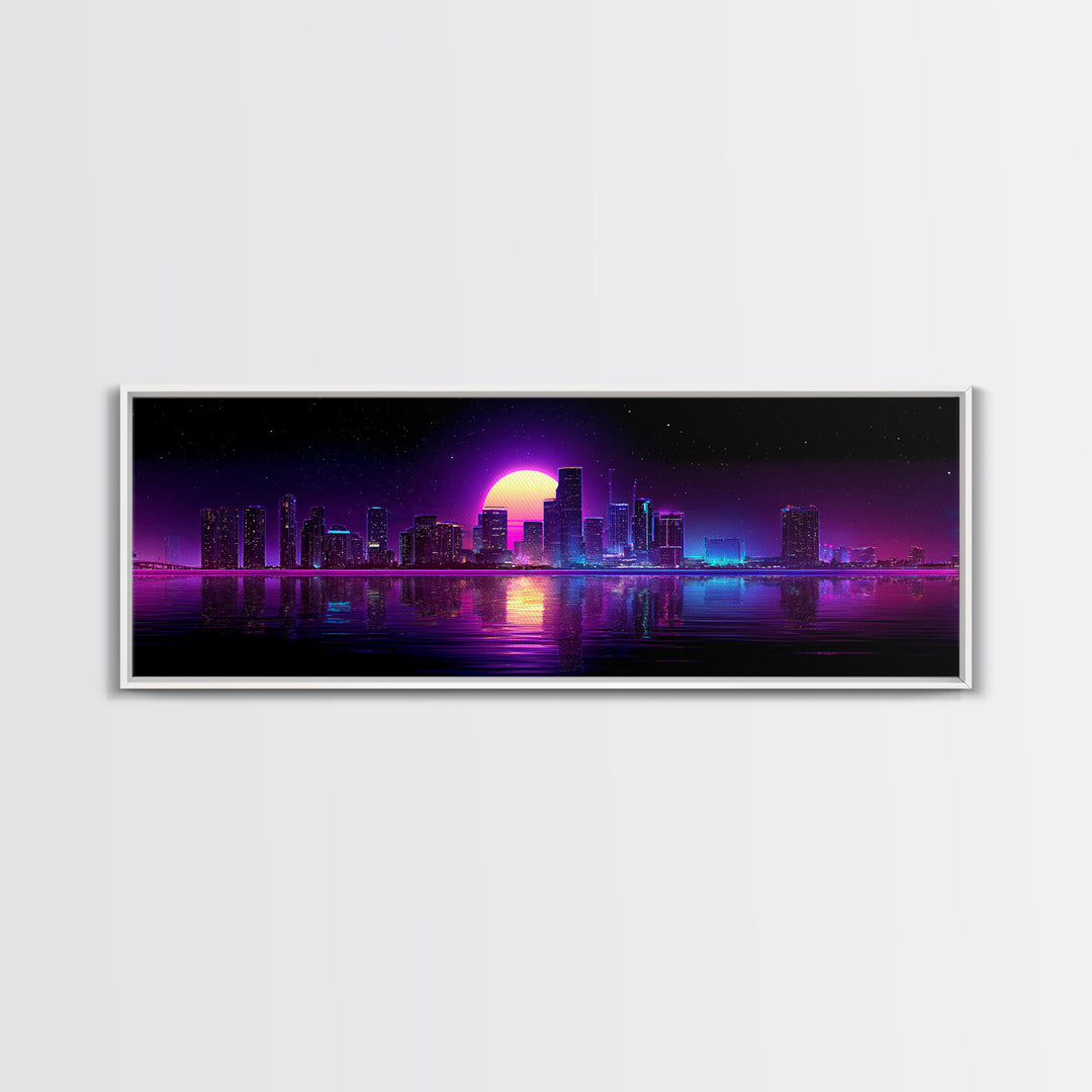 Neon City Skyline Moonrise Canvas Print, Purple Cyberpunk Wall Art, Miami Nightscape, Vaporwave Living Room Modern Home Decor
