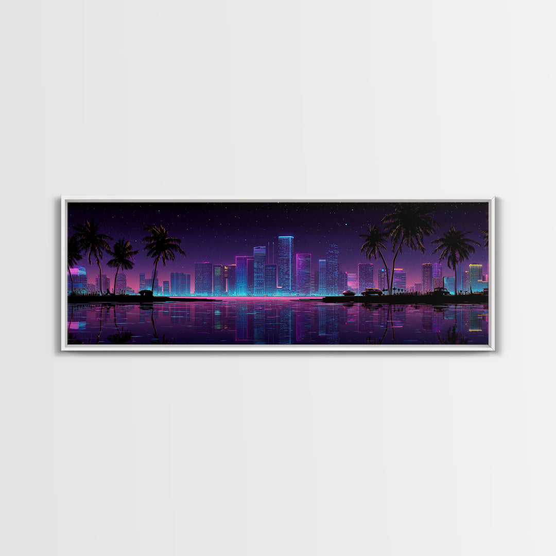 Neon Tropical City Skyline Canvas Print, Cyberpunk Wall Art With Palm Trees, Vaporwave Decor For Gaming Room And Apartment Decor