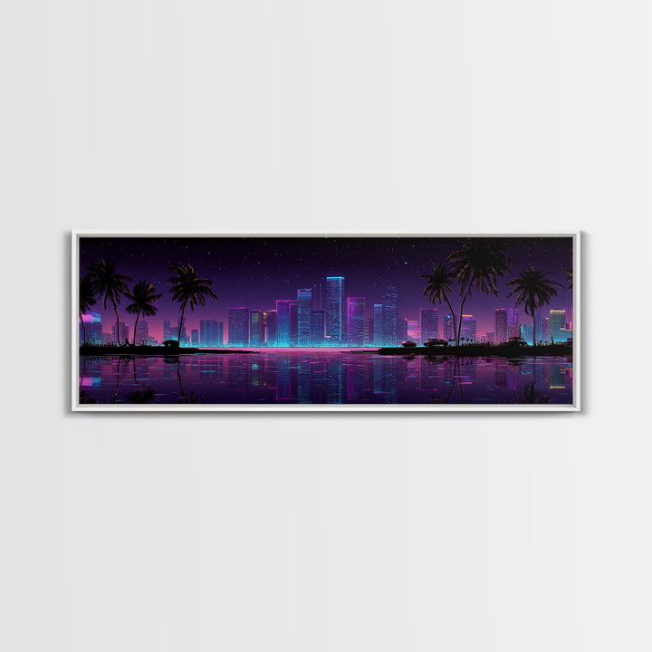 Neon Tropical City Skyline Canvas Print, Cyberpunk Wall Art With Palm Trees, Vaporwave Decor For Gaming Room And Apartment Decor