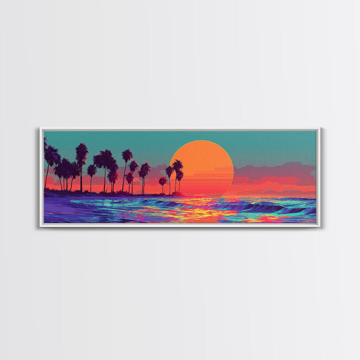 Neon Tropical Sunset Ocean Palms Canvas Print, Retro Vaporwave Wall Art, Coastal Decor, Beach House, Living Room Decor, Art Print