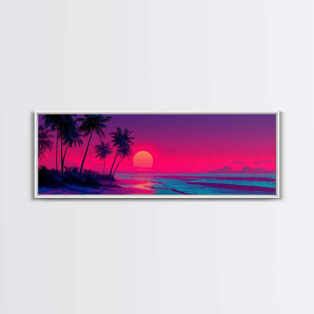 Tropical Palm Beach Sunset Wall Art, Neon Coastal Canvas Print, Pink Ocean Decor, Retro Island Housewarming Gift For Her
