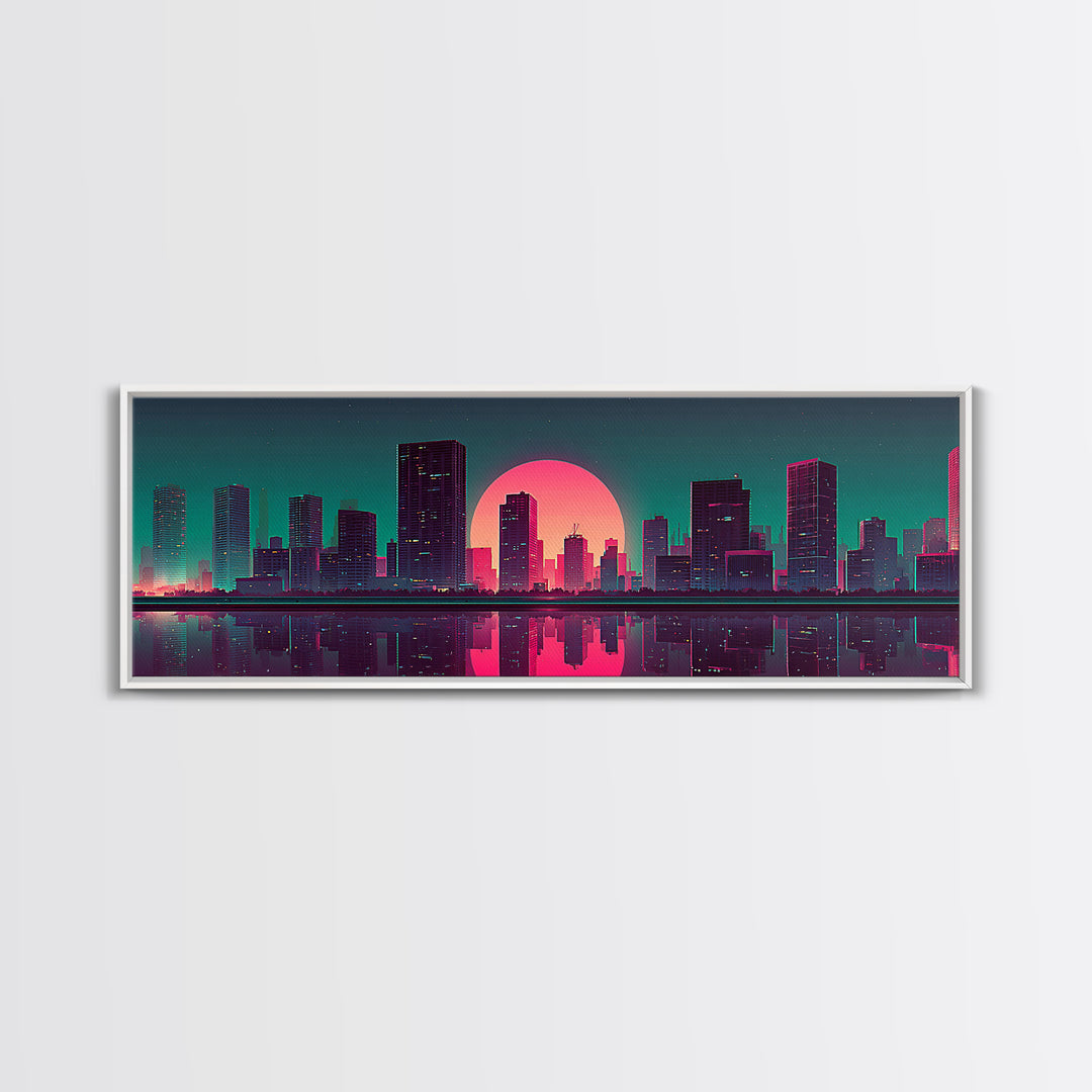 Neon City Skyline Reflection Canvas Print, Retro Futuristic Wall Art, Cyberpunk Office Decor, Modern Apartment Decor, Gift For Him