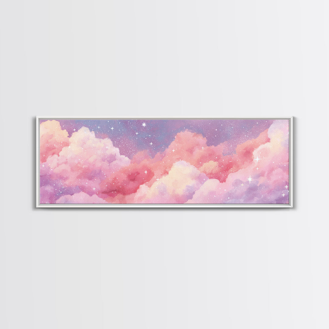 Pink Cotton Candy Clouds Wall Art, Dreamy Celestial Sky Print, Starry Nursery Decor, Pastel Bedroom Canvas Art Gift For Her