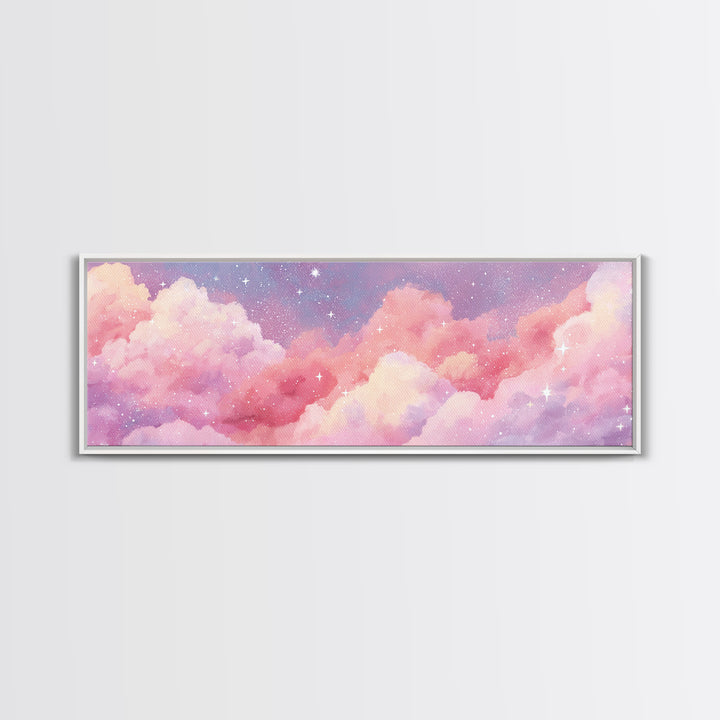 Pink Cotton Candy Clouds Wall Art, Dreamy Celestial Sky Print, Starry Nursery Decor, Pastel Bedroom Canvas Art Gift For Her