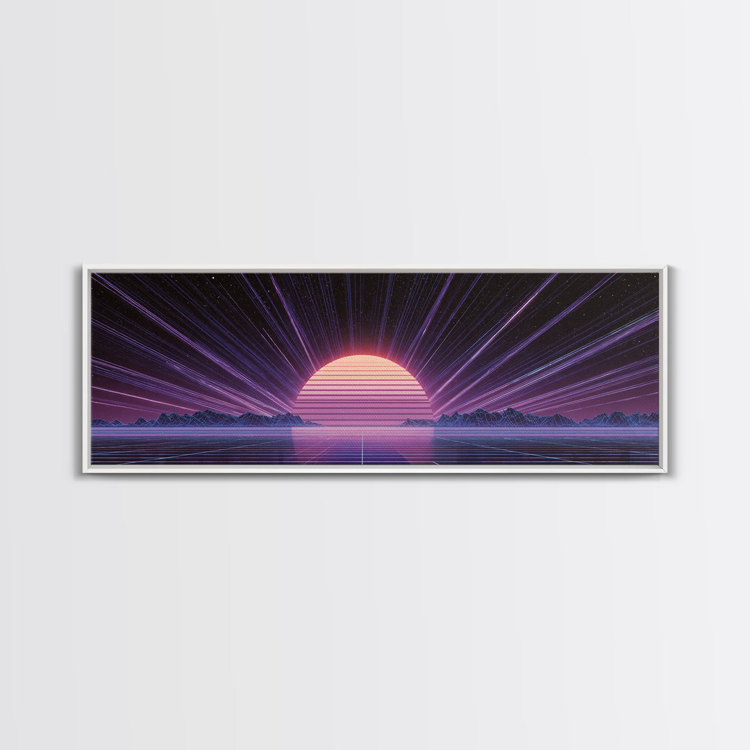 Retro Futuristic Sun Over Neon Lake Canvas Print, Synthwave Wall Art, Vaporwave Poster, Gaming Room Decor, Cyberpunk Gift