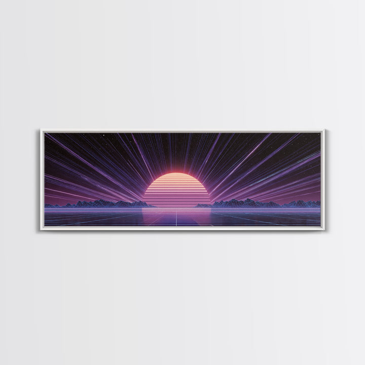 Retro Futuristic Sun Over Neon Lake Canvas Print, Synthwave Wall Art, Vaporwave Poster, Gaming Room Decor, Cyberpunk Gift