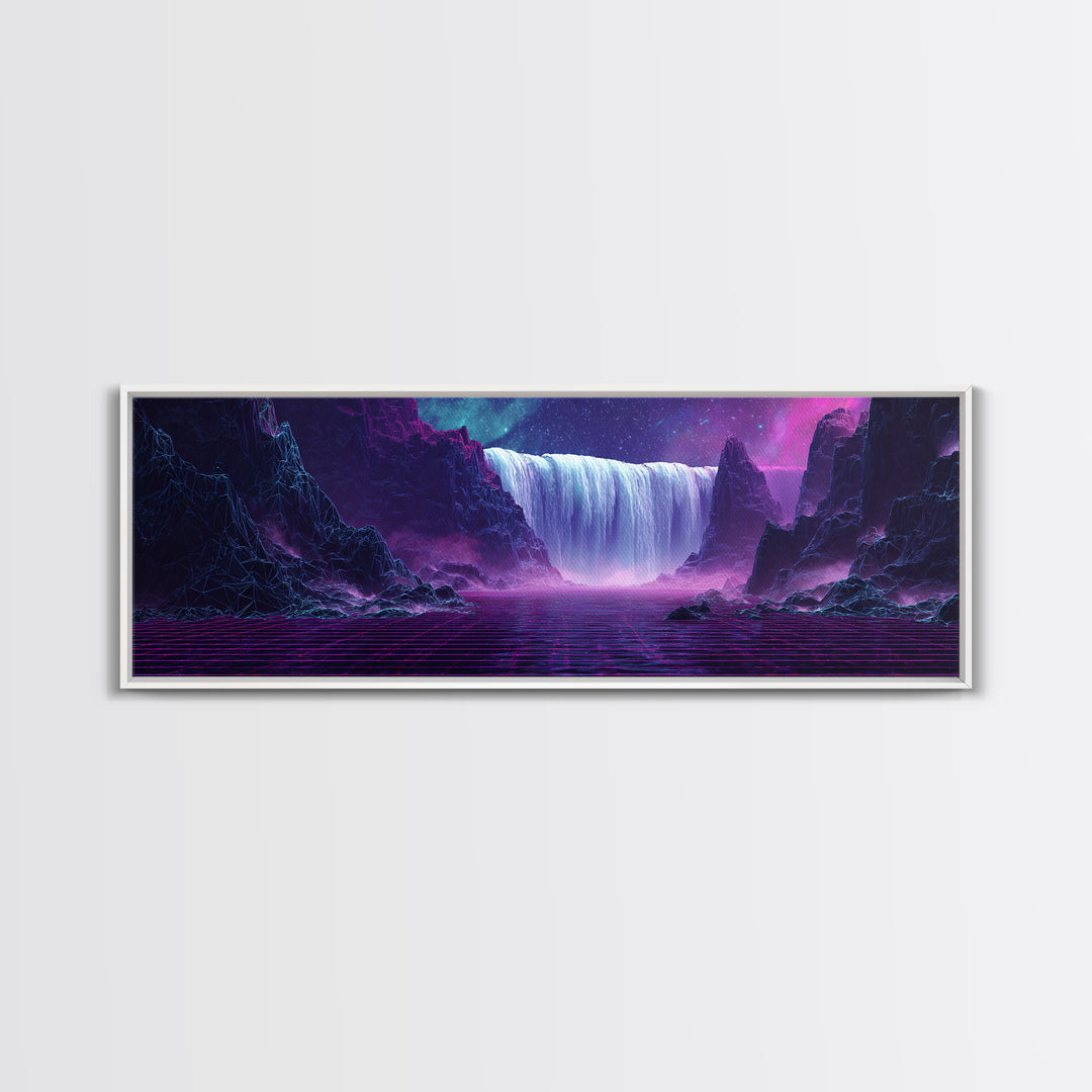 Alien Waterfall Galaxy Canvas Print, Futuristic Fantasy Landscape, Neon Sci Fi Wall Decor, Vibrant Space Art For Gamer Room