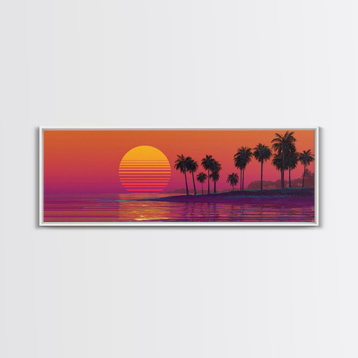 Retro Palm Beach Sunset Canvas Print, Tropical Ocean Wall Art, Vaporwave Coastal Decor For Living Room And Bedroom Wall Decor
