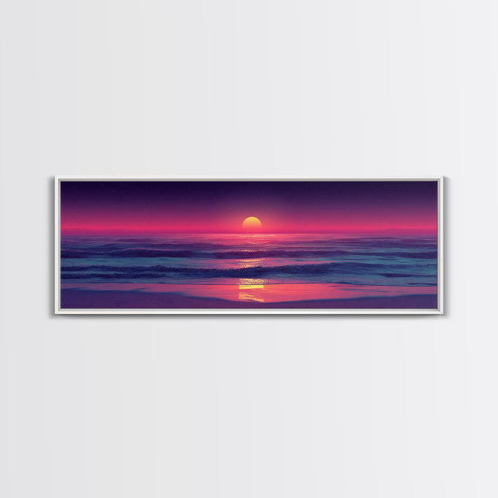 Pink Ocean Sunset Beach Canvas Print, Neon Seascape Wall Decor, Coastal Wall Art, Summer Beach House Living Room Decor Print
