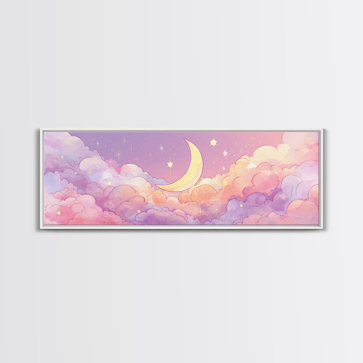 Cute Crescent Moon In Pastel Clouds Wall Art, Whimsical Celestial Nursery Decor, Pink Kids Room Canvas Print, Baby Shower Gift