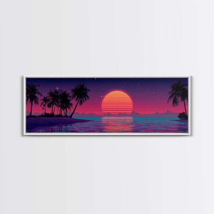 Neon Tropical Sunset With Palm Trees Wall Art, Retro Coastal Canvas Print, Beach House Decor, Large Panoramic Artwork For Living Room Decor