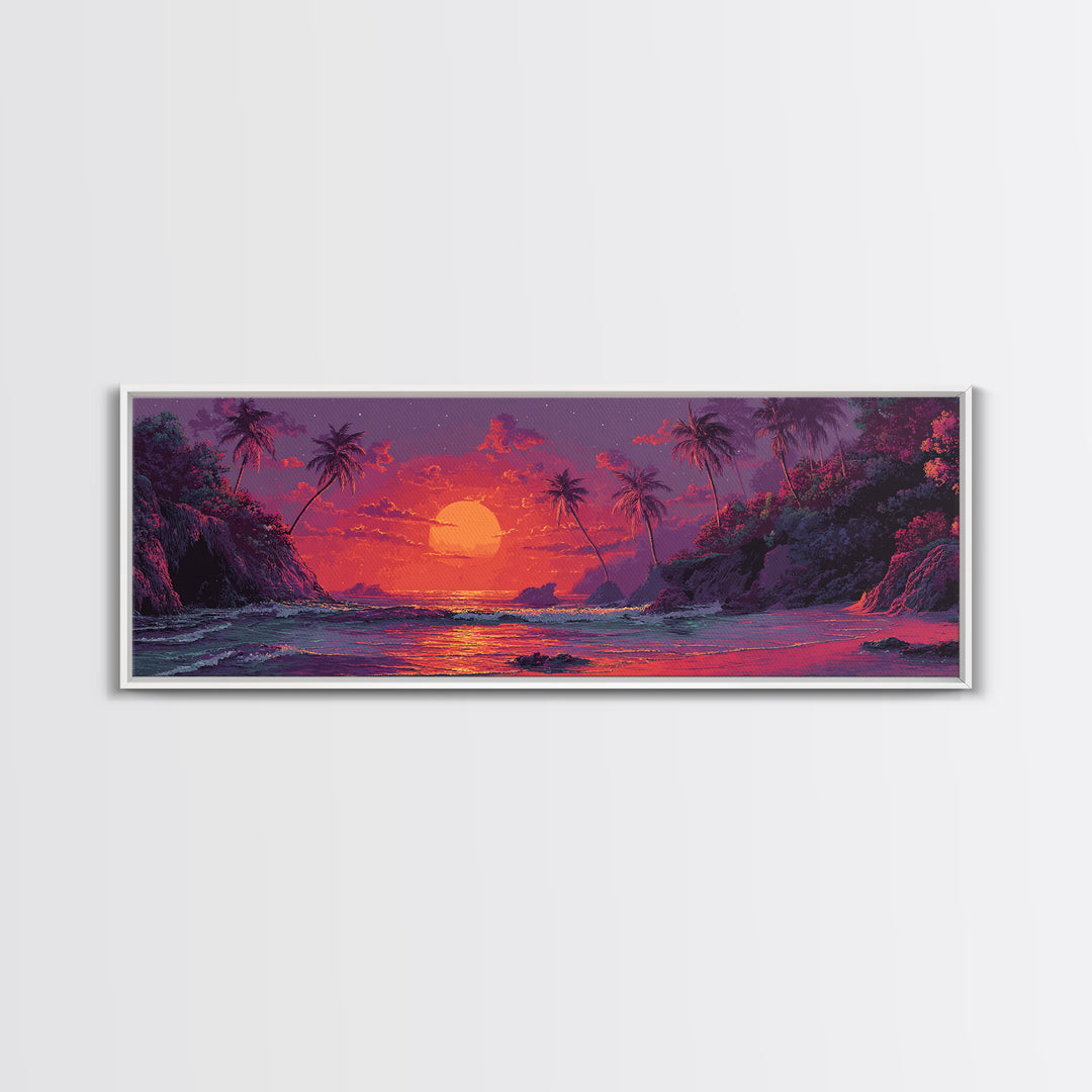 Vibrant Tropical Sunset Wall Art, Neon Palm Beach Seascape, Colorful Coastal Canvas Print, Island Living Room Home Decor Gift