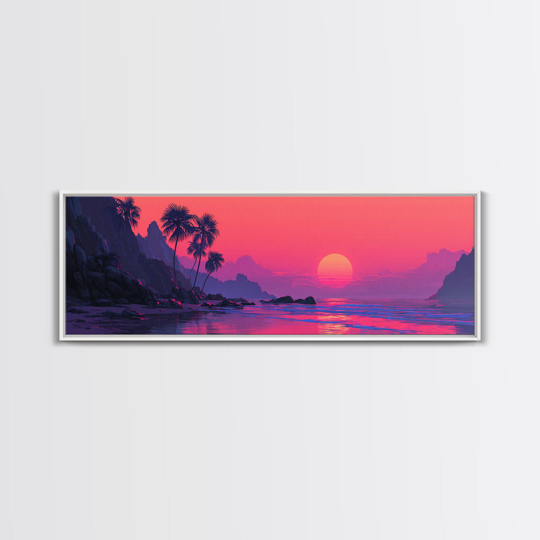 Magenta Tropical Cove Sunset Wall Art, Palm Island Ocean Landscape, Vaporwave Coastal Canvas Decor For Modern Living Room