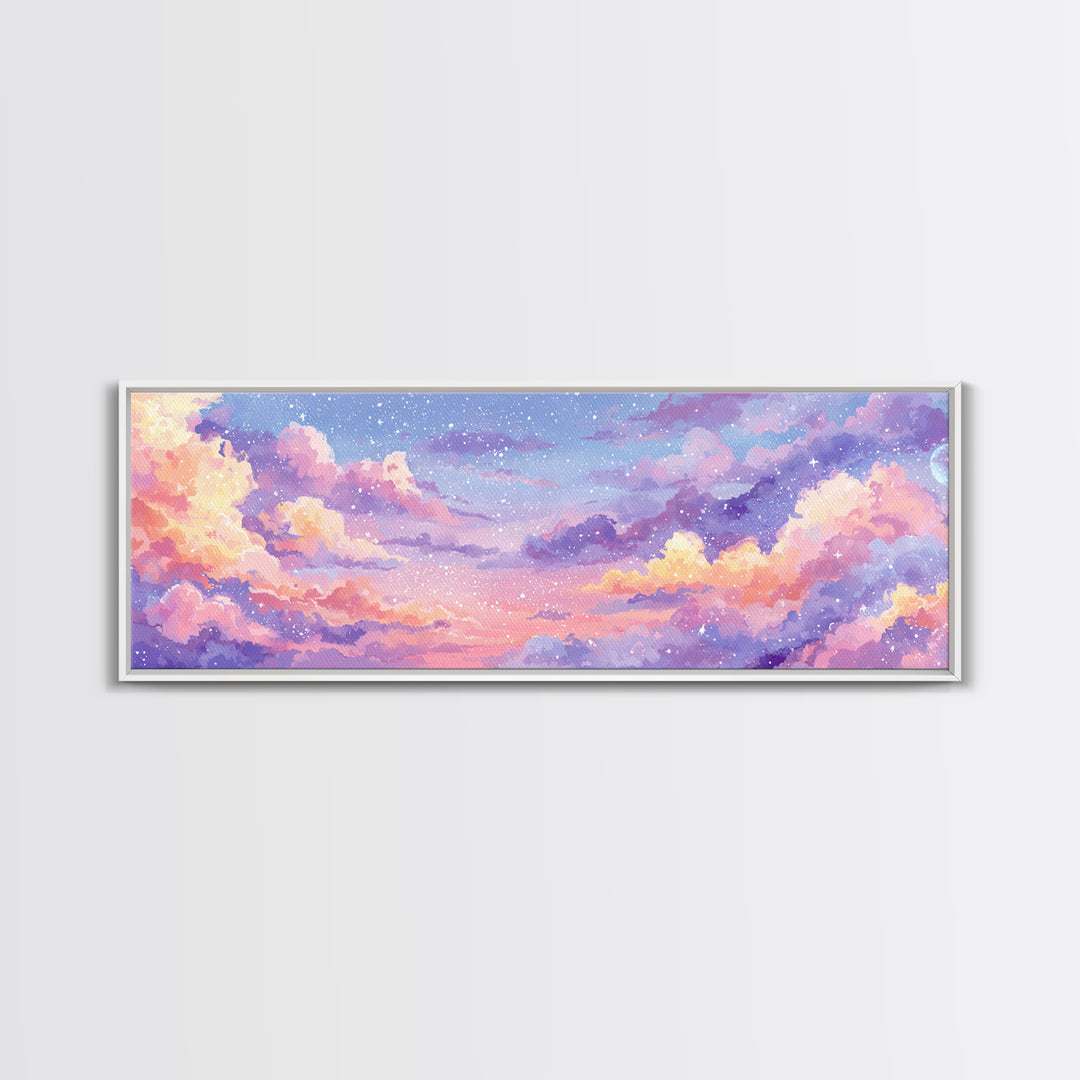 Pastel Starry Cloudscape Sunset Wall Art, Dreamy Sky Canvas Print, Whimsical Nursery Decor, Soft Aesthetic Bedroom Print