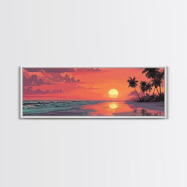 Pink Tropical Beach Sunset With Palm Trees Wall Art, Coastal Canvas Print, Ocean Decor, Summer Beach House Wall Decor, Living Room Art