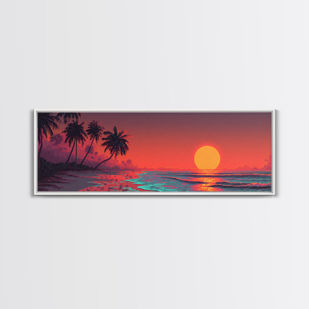 Tropical Palm Beach Sunset Wall Art, Ocean Canvas Print, Coastal Decor, Beach House Decor, Vibrant Living Room Art, Large Horizontal Art