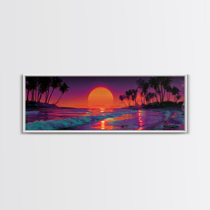 Tropical Sunset Beach With Palms And Waves, Coastal Wall Art, Retro Vaporwave Canvas Print, Beach House Decor, Large Wall Art