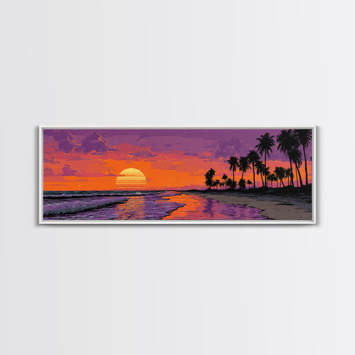 Pixel Tropical Beach Sunset With Palms Wall Art, Retro Coastal Canvas Print, Beach House Decor, Summer Travel Poster Gift