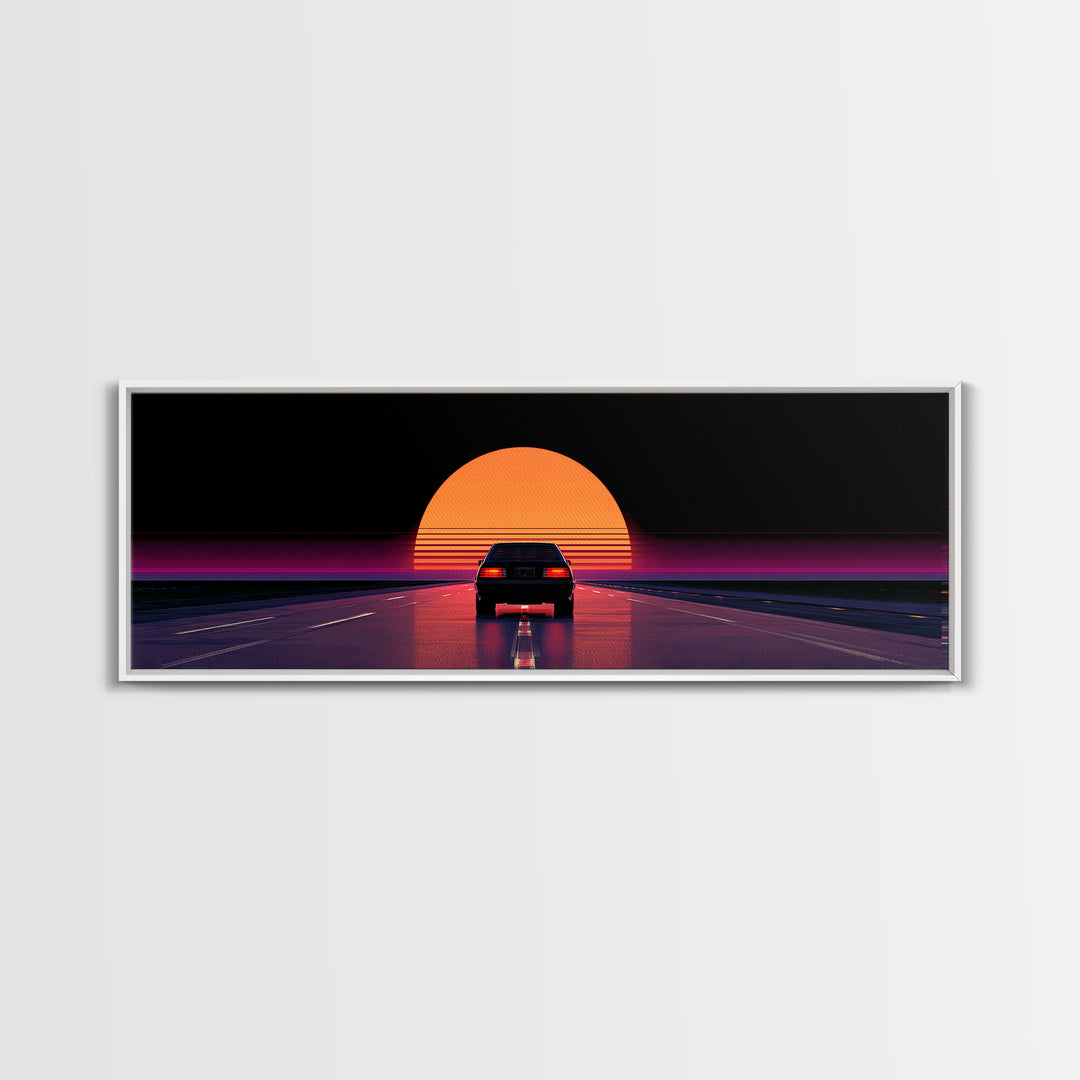 Retro Car Driving Into Striped Sunset, Synthwave Canvas Print, Vaporwave Wall Art, Man Cave Decor, Gift For Him, Retro Poster