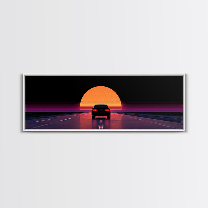 Retro Car Driving Into Striped Sunset, Synthwave Canvas Print, Vaporwave Wall Art, Man Cave Decor, Gift For Him, Retro Poster
