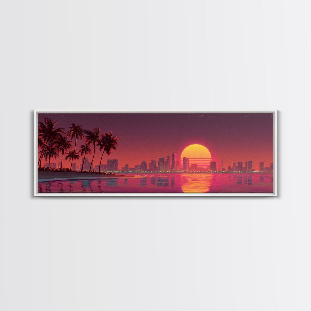 Retro Sunset City Skyline With Palm Trees Canvas Print, Synthwave Wall Art, Coastal Decor, Vaporwave Living Room Wall Decor