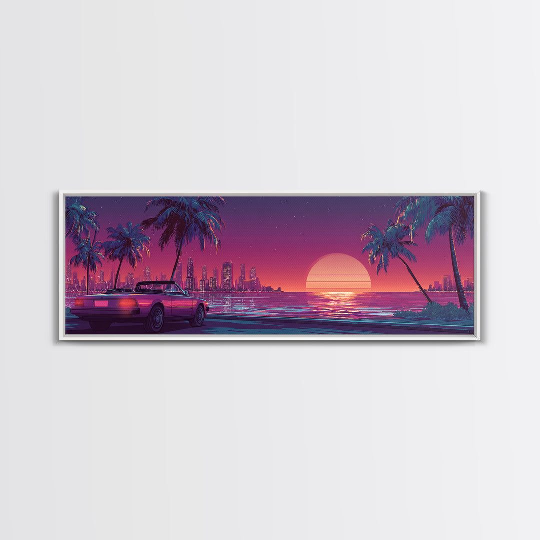 Neon Retro Sports Car On Palm Coast Canvas Print, Vaporwave City Wall Art, Synthwave Decor, Gift For Him, Man Cave Decor