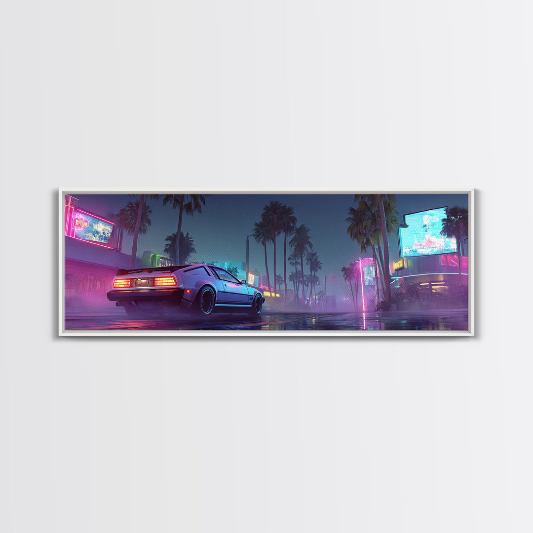 Neon Cyberpunk Sports Car Canvas Print, Futuristic Neon City Wall Art, Synthwave Gaming Room Decor, Vaporwave Gift For Him