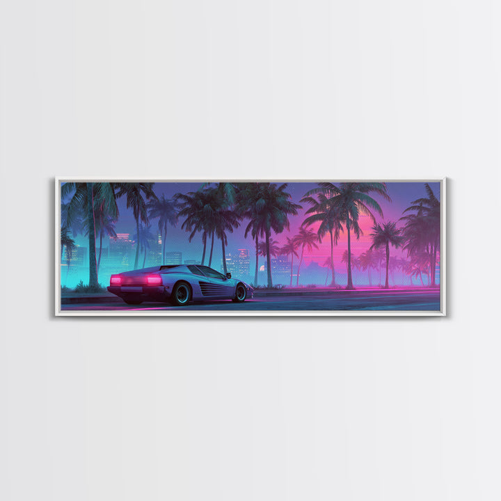 Neon Sports Car Under Palm Trees Wall Art, Cyberpunk Cityscape Canvas, Retro Futurism Decor, Gaming Room Wall Decor, Home Decor