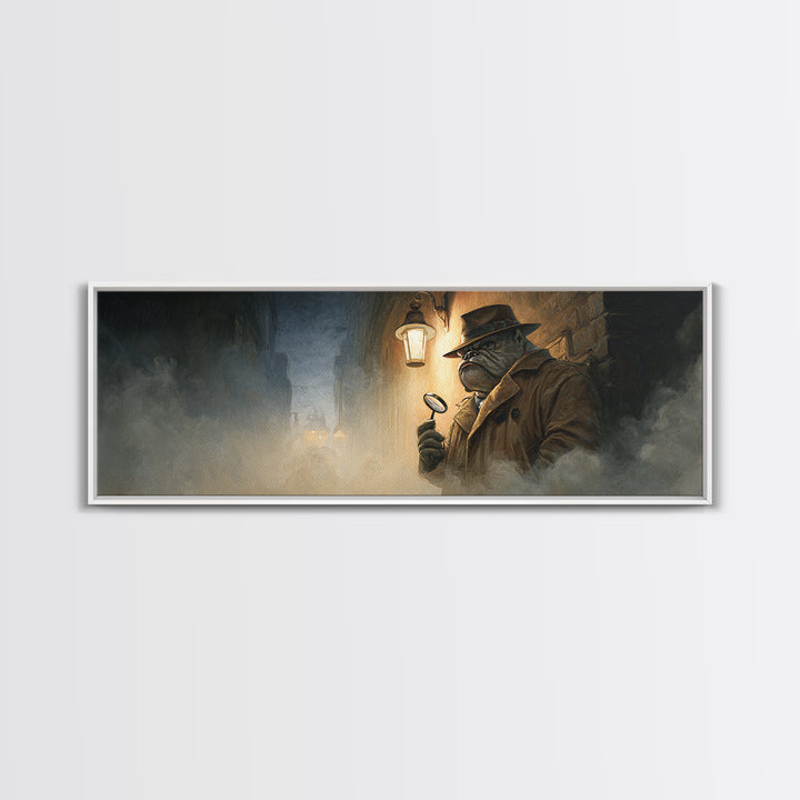 Noir Frog Detective In Foggy Alley Framed Canvas Print, Dark Academia Wall Art, Whimsical Animal Office Decor Gift For Him