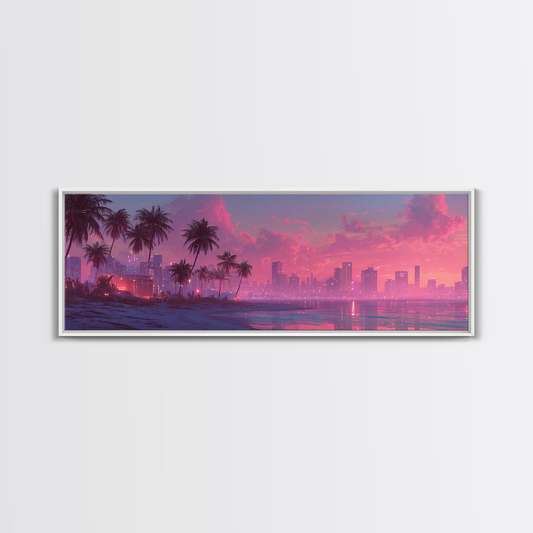 Pink Coastal City Beach Wall Art, Palm Skyline Canvas Print, Tropical Ocean Decor, Miami Style Poster, Modern Living Room Decor