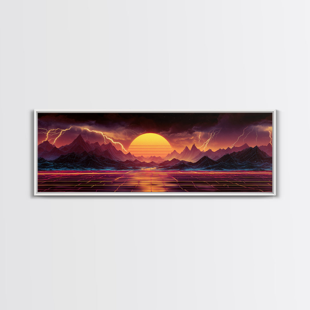 Neon Storm Mountains With Grid Sunset Wall Art, Retro Futuristic Canvas Print, Lightning Landscape For Gaming Room Decor