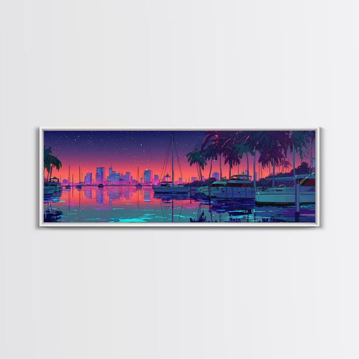Neon Marina Skyline With Palm Trees Framed Canvas Print, Coastal City Wall Art, Miami Beach House Decor, Tropical Travel Poster