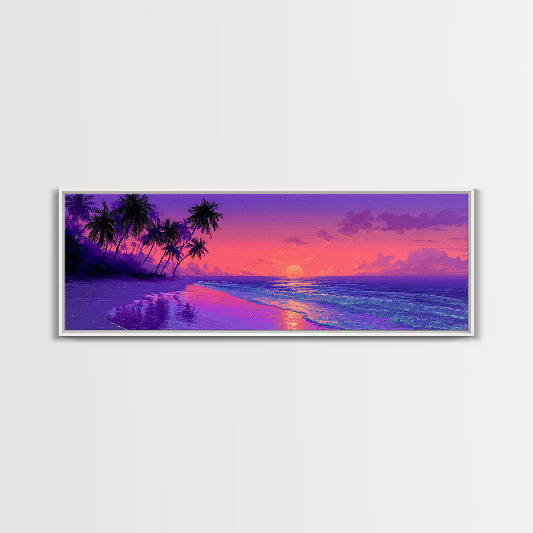 Purple Tropical Beach Sunset Canvas Print, Coastal Wall Art, Palm Tree Ocean Decor, Beach House Decor, Summer Bedroom Art