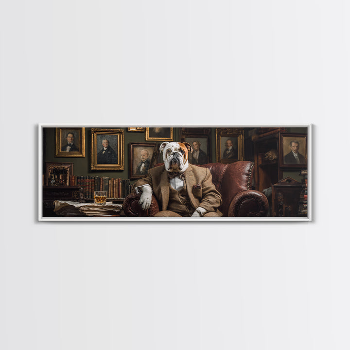 Aristocratic Bulldog In Library Chair Wall Art, Funny Animal Portrait Canvas Print, Dark Academia Office Decor Gift For Him