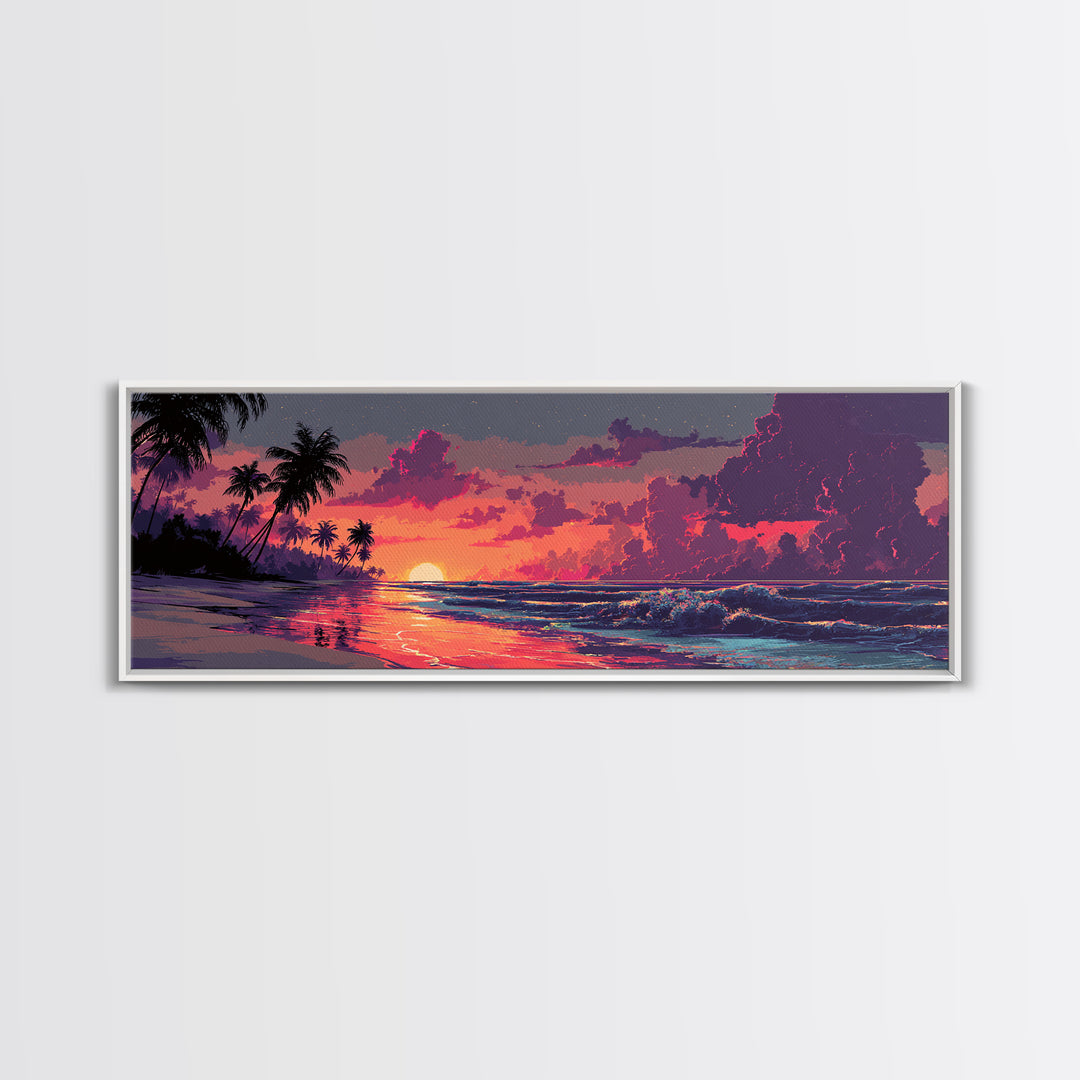 Tropical Palm Beach Sunset Wall Art, Coastal Home Decor, Ocean Wave Print, Beach House Canvas, Summer Living Room Decor Gift