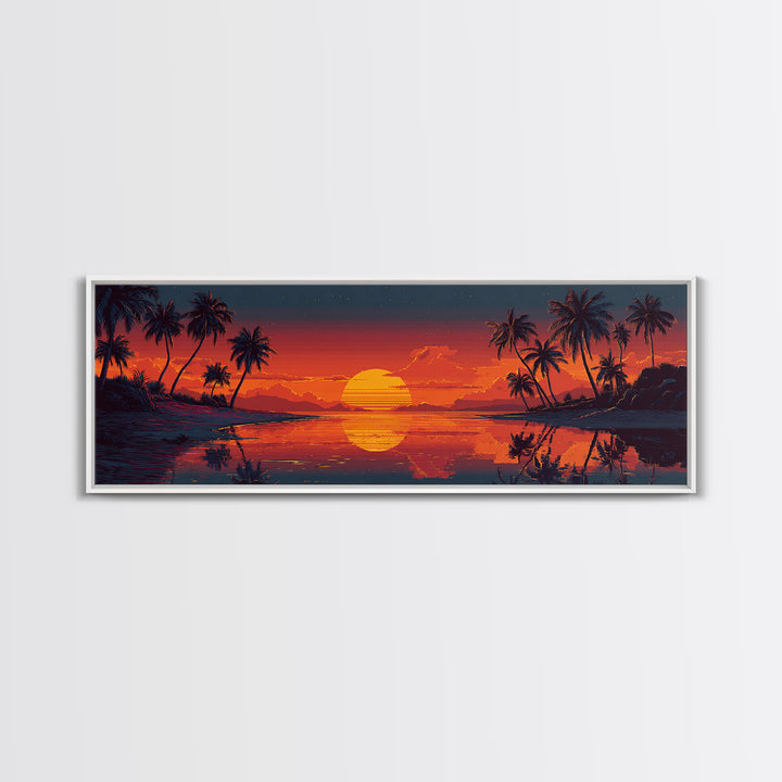 Retro Tropical Sunset Lagoon Wall Art, Pixel Beach Canvas Print, Palm Tree Decor, Coastal Wall Art, Vibrant Wall Decor, Home Decor