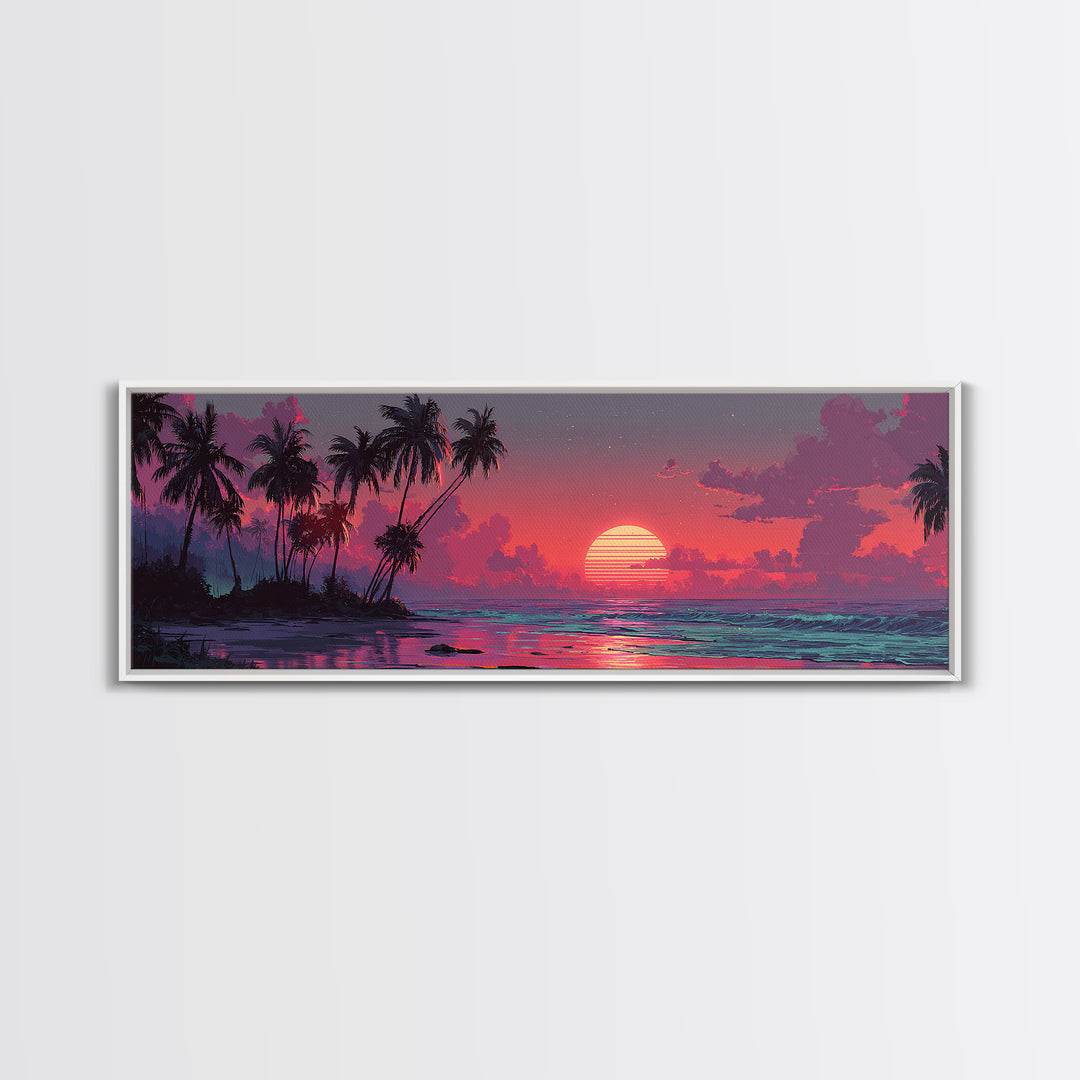 Tropical Island Sunset Canvas Print, Retro Beach Wall Art, Palm Tree Ocean Decor, Modern Coastal Bedroom Poster, Summer Vibes