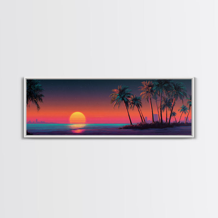 Retro Neon Beach Sunset With Palm Trees Wall Art, Synthwave Coastal Canvas Print, Tropical Ocean Decor, Large Panoramic Living Room Art
