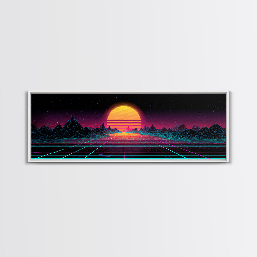 Retro Synthwave Sunset Mountain Wall Art, Vaporwave Canvas Print For Gaming Room Decor, Neon 80s Poster And Dorm Decor Gift