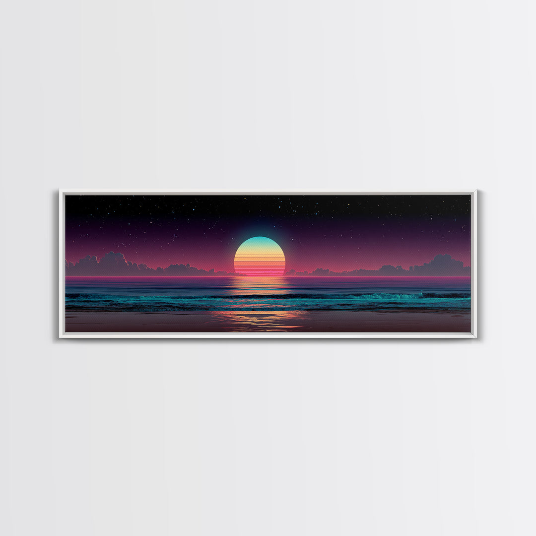 Retro Cosmic Ocean Sunset Canvas Print, Neon Beach Wall Art, Synthwave Seascape, Coastal Decor, Bedroom Poster, Home Decor