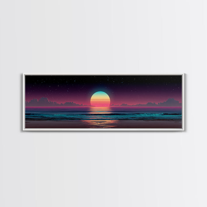 Retro Cosmic Ocean Sunset Canvas Print, Neon Beach Wall Art, Synthwave Seascape, Coastal Decor, Bedroom Poster, Home Decor
