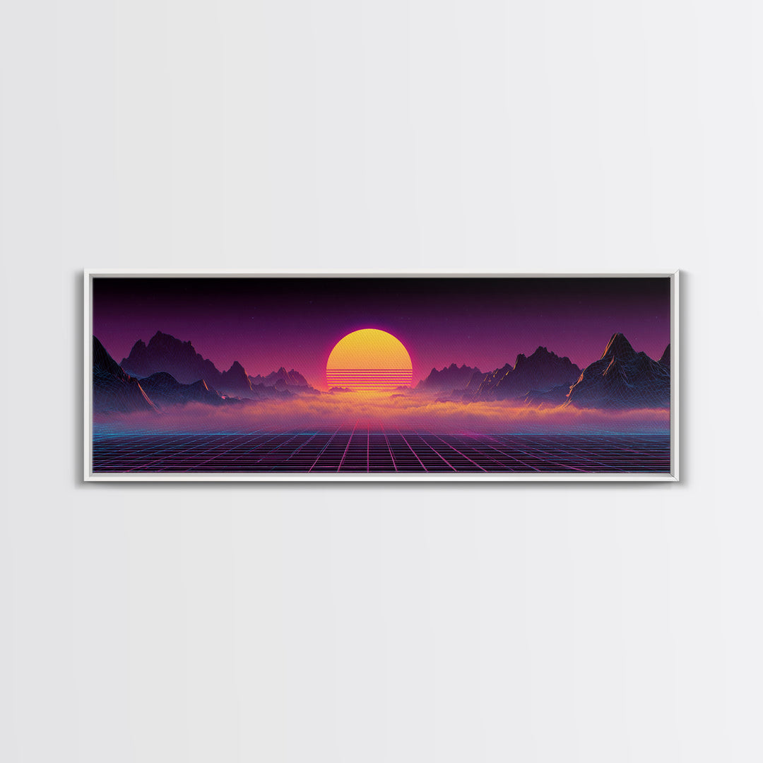 Neon Retro Futuristic Sunset Wall Art, Synthwave Mountain Grid Canvas, Vaporwave Decor, Gaming Room Poster, 80s Art, Cyberpunk Gift