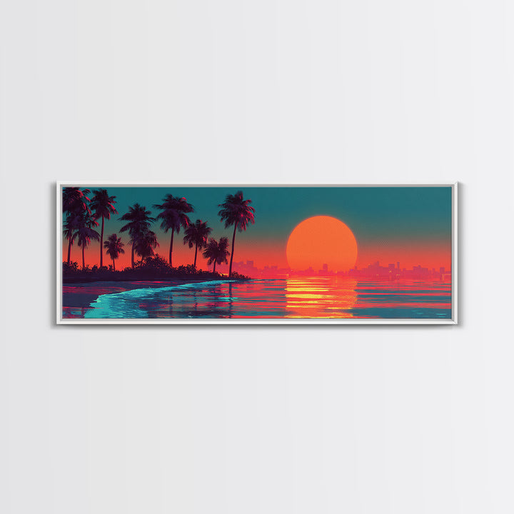 Retro Tropical Sunset Canvas Print, Palm Tree Beach Wall Art, Coastal Decor, Ocean Landscape, Summer Vibes, Large Wall Decor