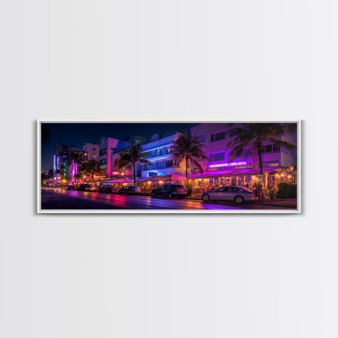 Neon Miami Beach Street Canvas Print, Art Deco Hotel Wall Art, Tropical Nightlife, Travel Poster, Cityscape Home Decor Print