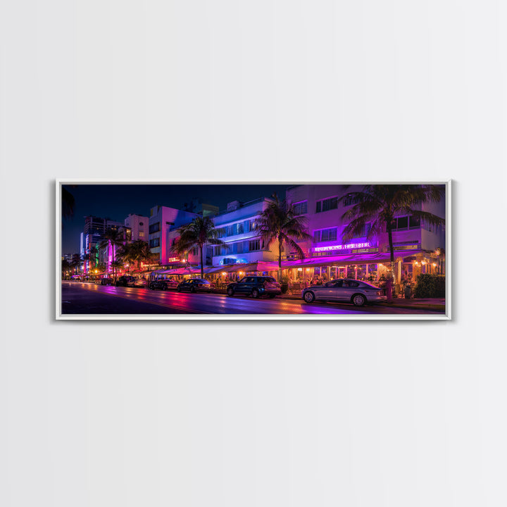 Neon Miami Beach Street Canvas Print, Art Deco Hotel Wall Art, Tropical Nightlife, Travel Poster, Cityscape Home Decor Print