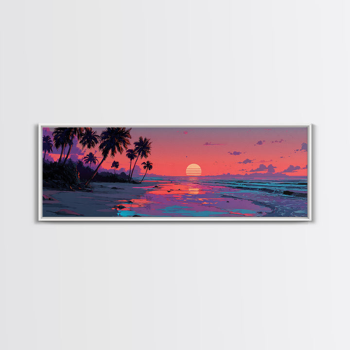 Pink Tropical Island Sunset With Palms Canvas Print, Beach Wall Art, Coastal Home Decor, Ocean Poster, Summer Gift For Her